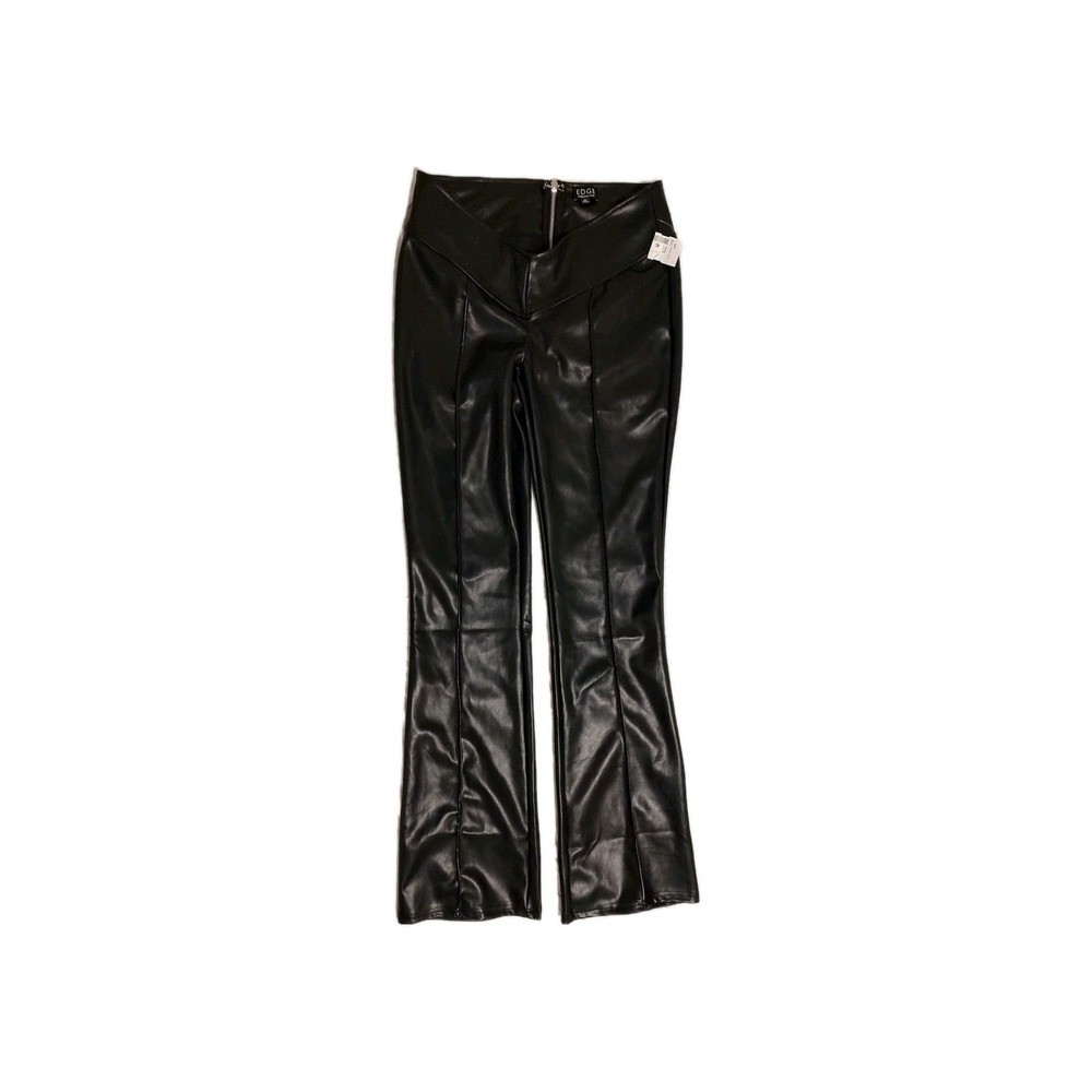 Edge Black Faux Leather Biker Pants V-Front Flare Bottom Cosplay NWT